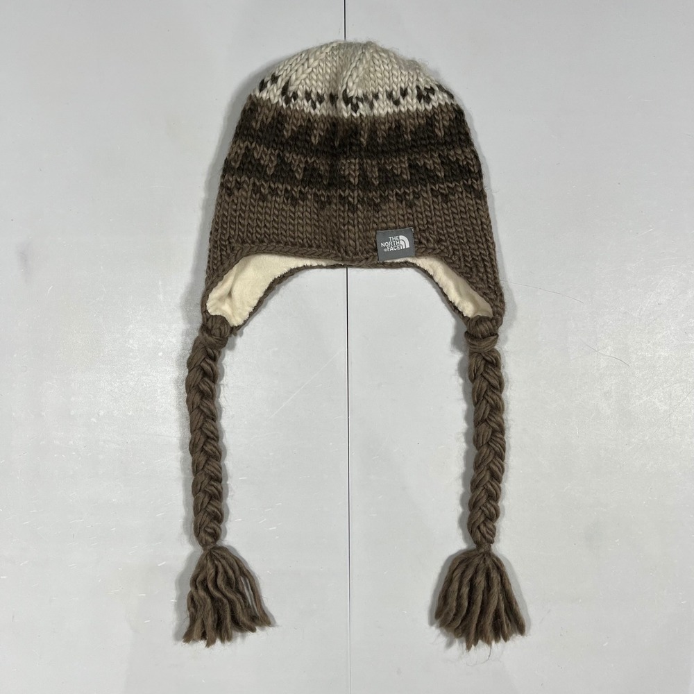 North Face Gorpcore Brown Wool Fair Isle Knit Trapper Beanie Hat Fleece Unisex